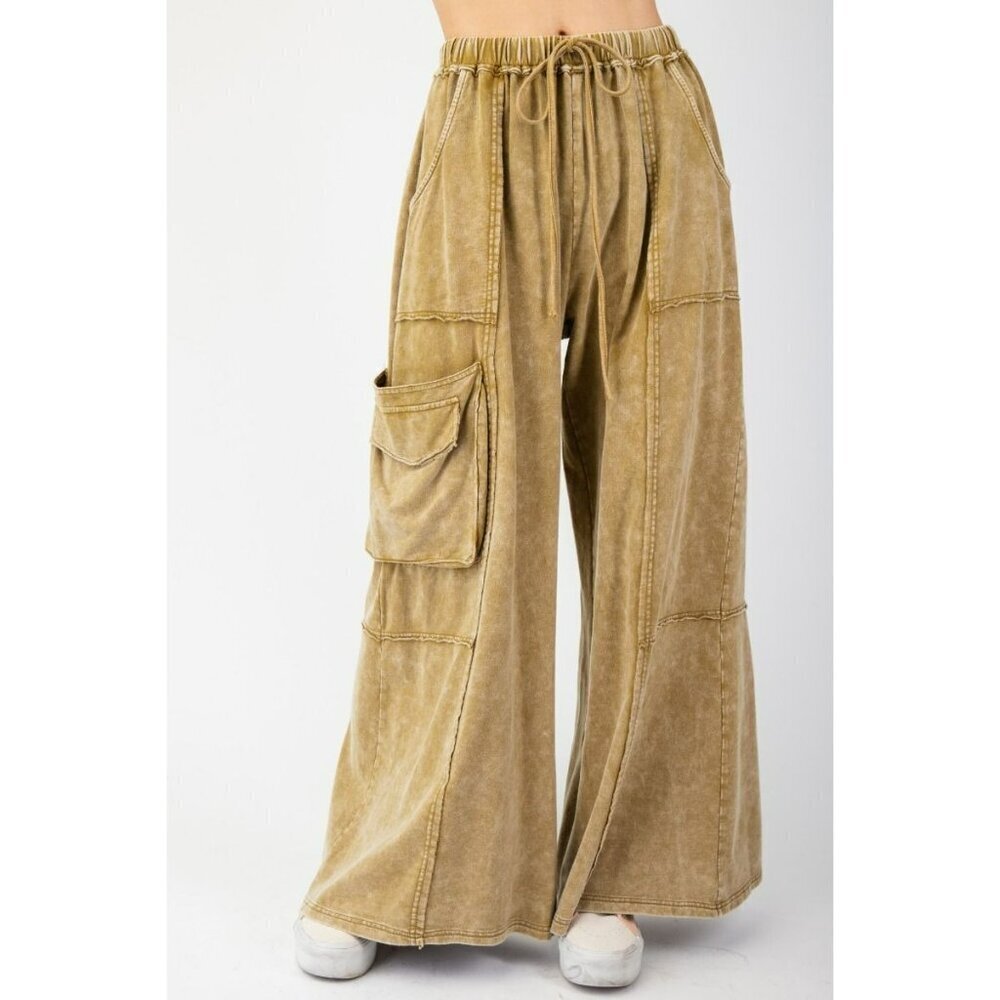 Part Of The Journey Mineral Washed Wide Leg Pants in Faded Olive